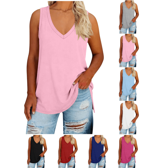 Liuinsasek Women's V-Neck Plus Size Tank Tops Fashionable Loose and Comfortable Casual Sleeveless Top Solid-Color Basic Undershirt for Summer