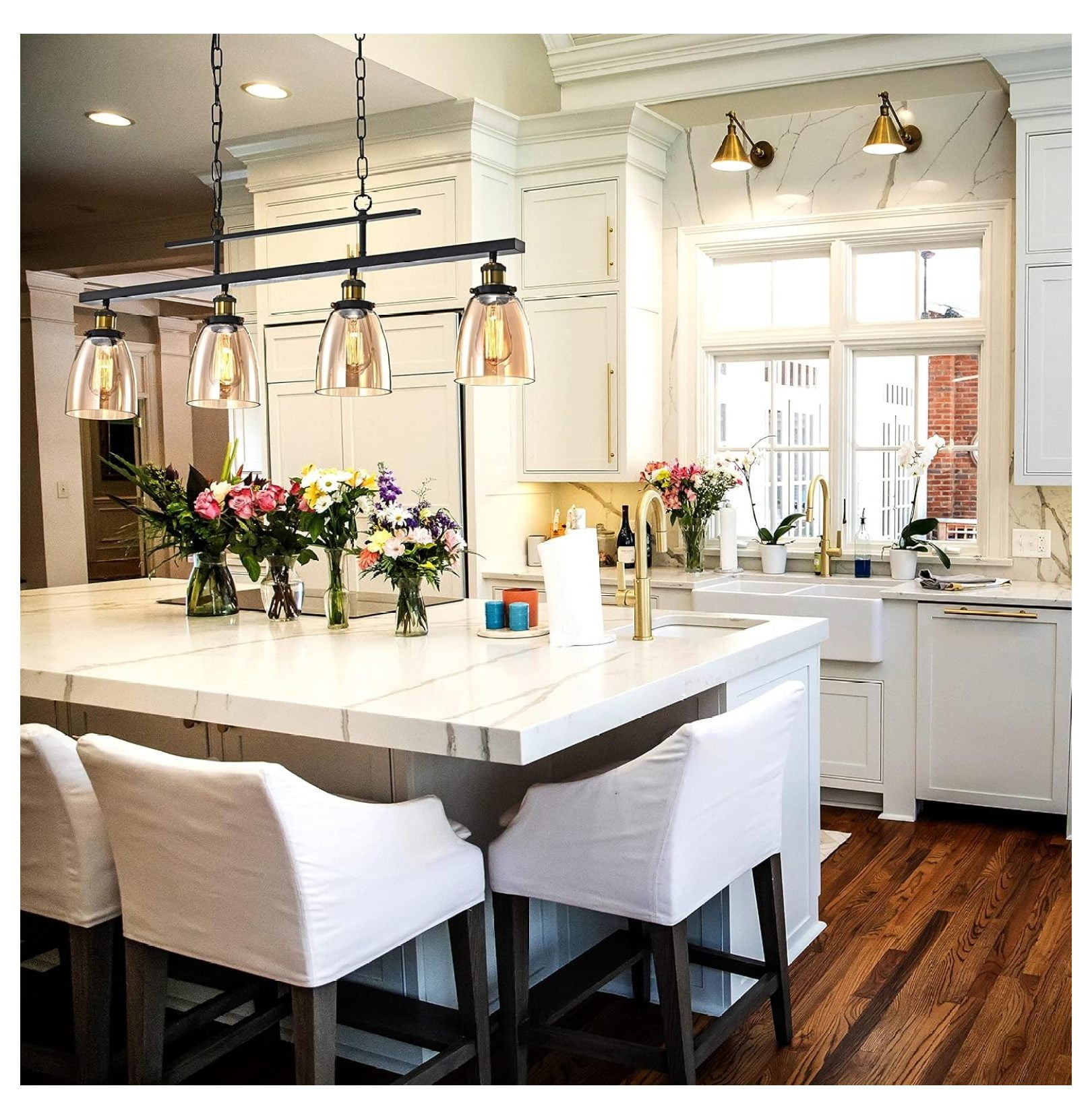 Industrial Chandelier with Amber Glass Shades, Downlight Antique Black Ceiling Light for Kitchen Island, Dining Room, and Pool Table