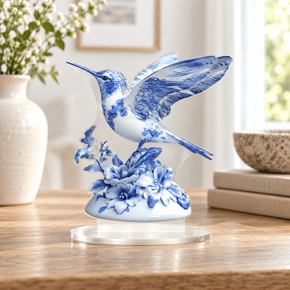 2D Acrylic Hummingbird Figurine Decor Blue Porcelain Style Floral Display with Clear Base for Office Bedroom Shelf Decoration