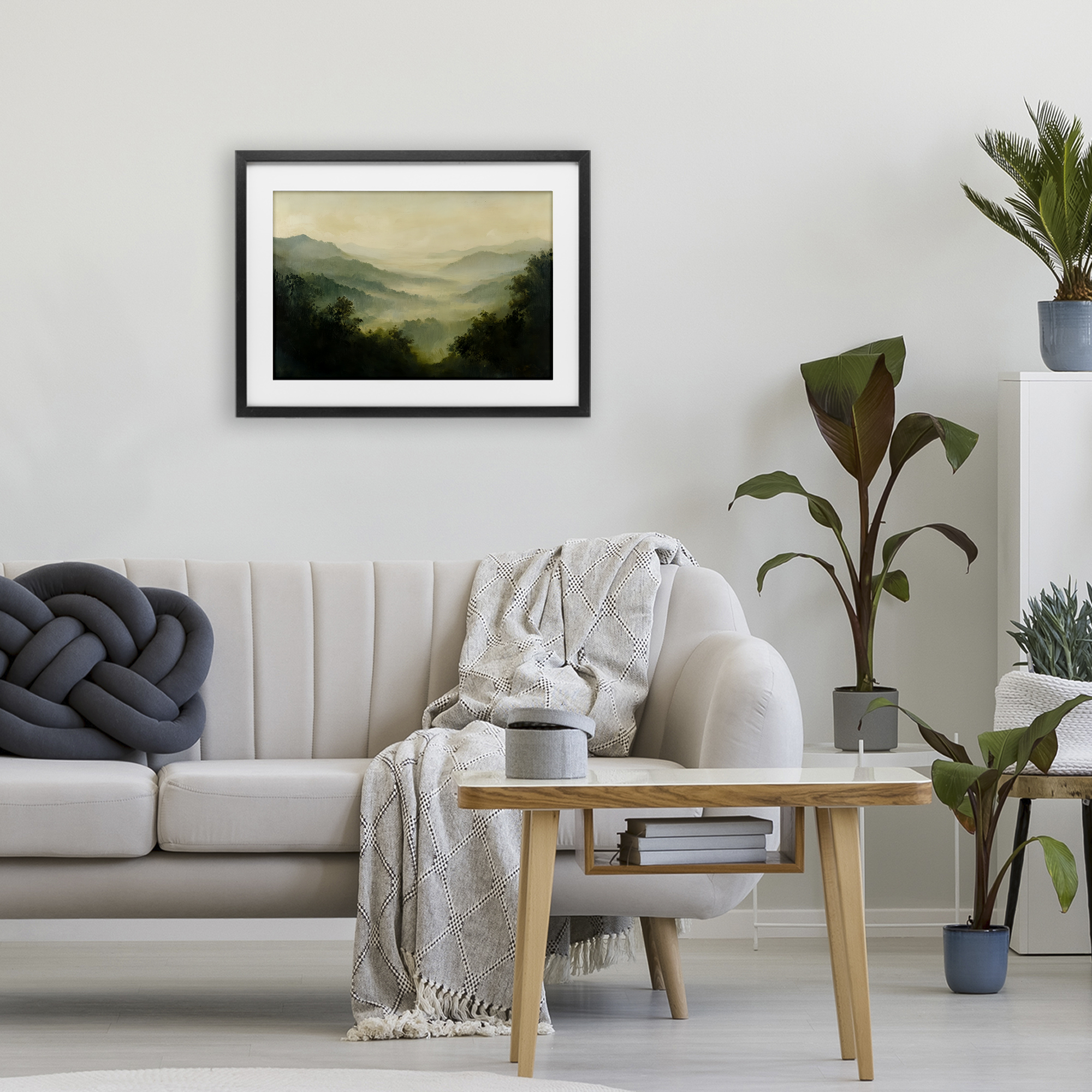 Through The Haze Landscape Black Framed Print Under Glass, design by Petal Prints Design