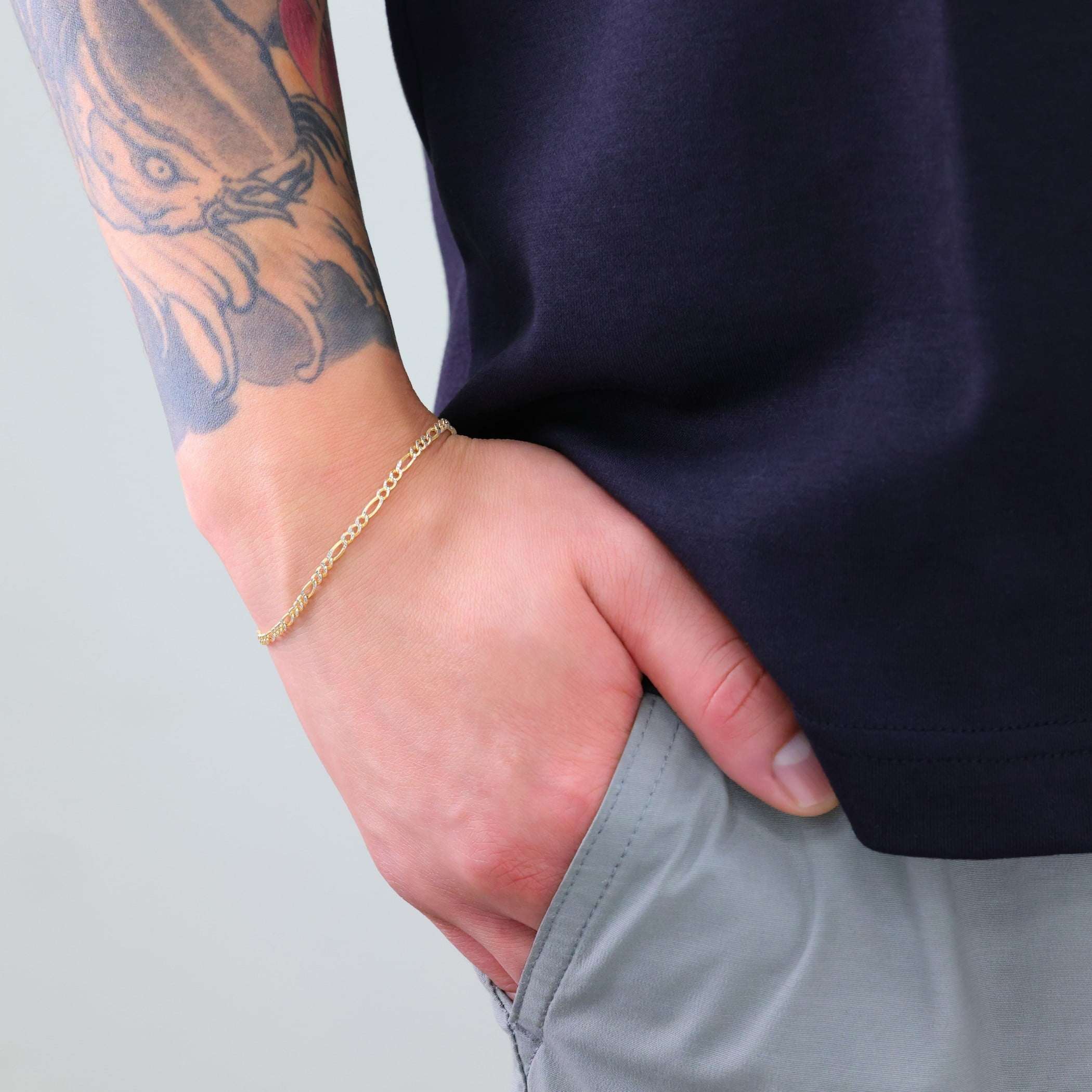 Nuragold 10k Real Yellow Gold Figaro Link 2.5mm Diamond Cut Two Tone Pave Chain Bracelet or Anklet (7"-9") Italian Jewelry for Men & Women