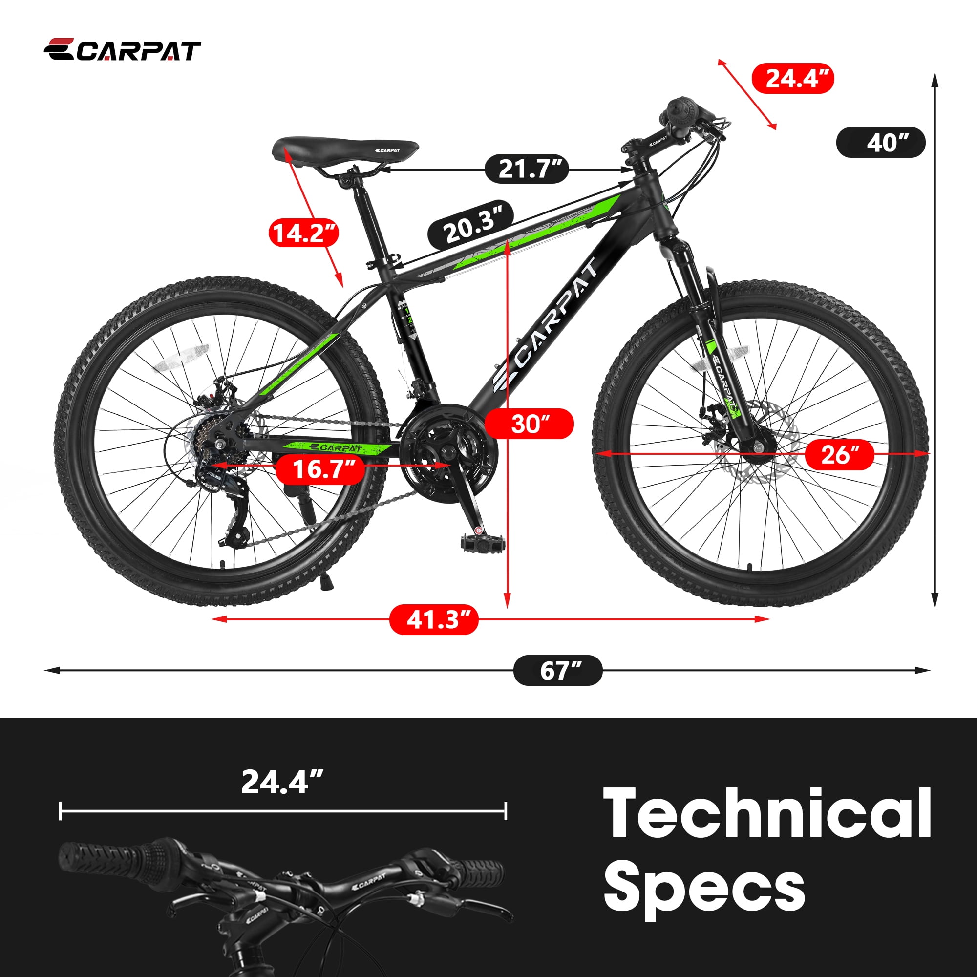 26-Inch Mountain Bicycle for Adults & Teens, Shimano 21-Speed with Disc Brakes, Green