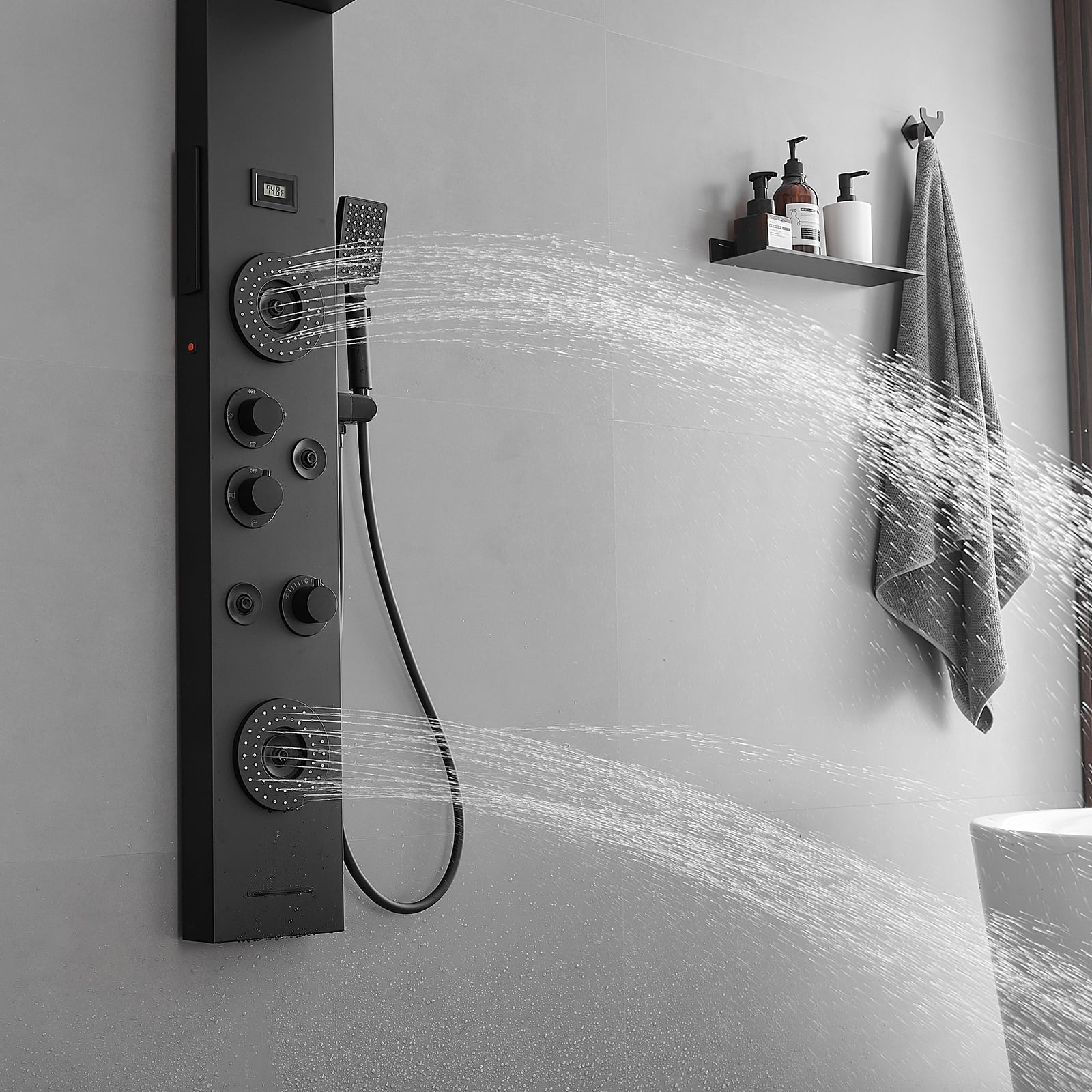 5-Jet Rainfall Shower Panel System with Rainfall Waterfall Shower Head and Shower Wand With LED Light in Stainless Steel