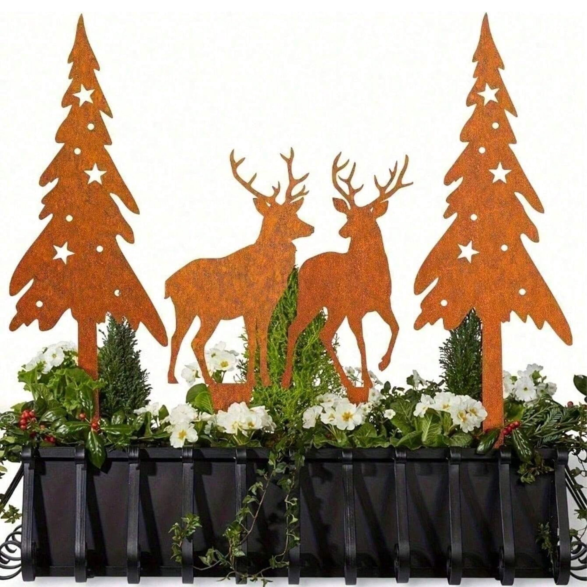 4 Pcs Metal Deer and Tree Sculpture Set Rustic Garden Statues,Cute Animal Silhouette Yard Art for Yard Art, Outside, Patio, Outdoor Decor, Garden Decorations, Lawn Ornaments