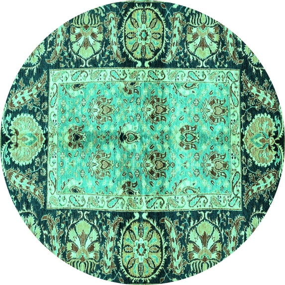 Ahgly Company Machine Washable Indoor Round Oriental Turquoise Blue Traditional Area Rugs, 5' Round