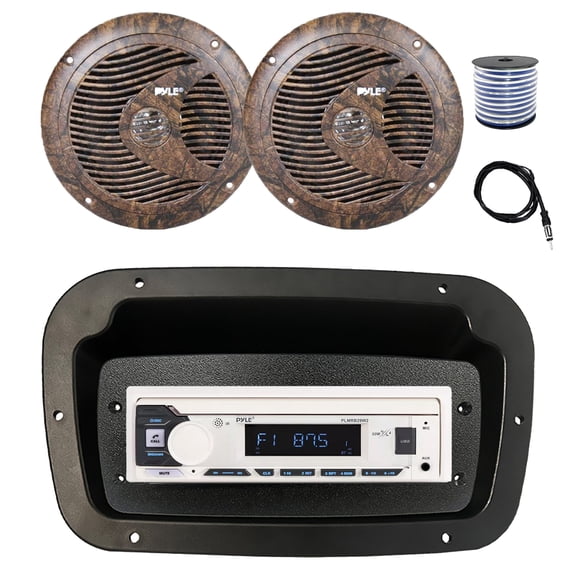 Pyle PLMRB29W2 Single DIN Marine Bluetooth MP3 Stereo Receiver, Spa bezel, Adapter Plate, 22" Radio Antenna, Wire, 2x 6.5" 150 Watt Max Full Range Dual Cone Waterproof Stereo Speakers (Camo)