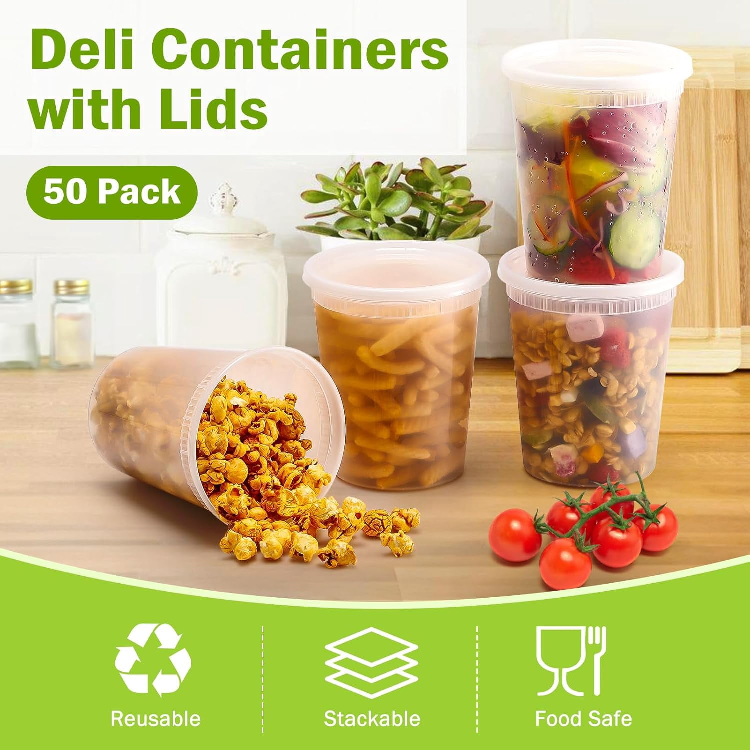 50 Pack 32oz Plastic Food Storage Containers, Leakproof Clear Soup Containers With Airtight Lids, Heavy-Duty Deli Containers, Stackable, Freezer, Dishwasher, Microwave Safe
