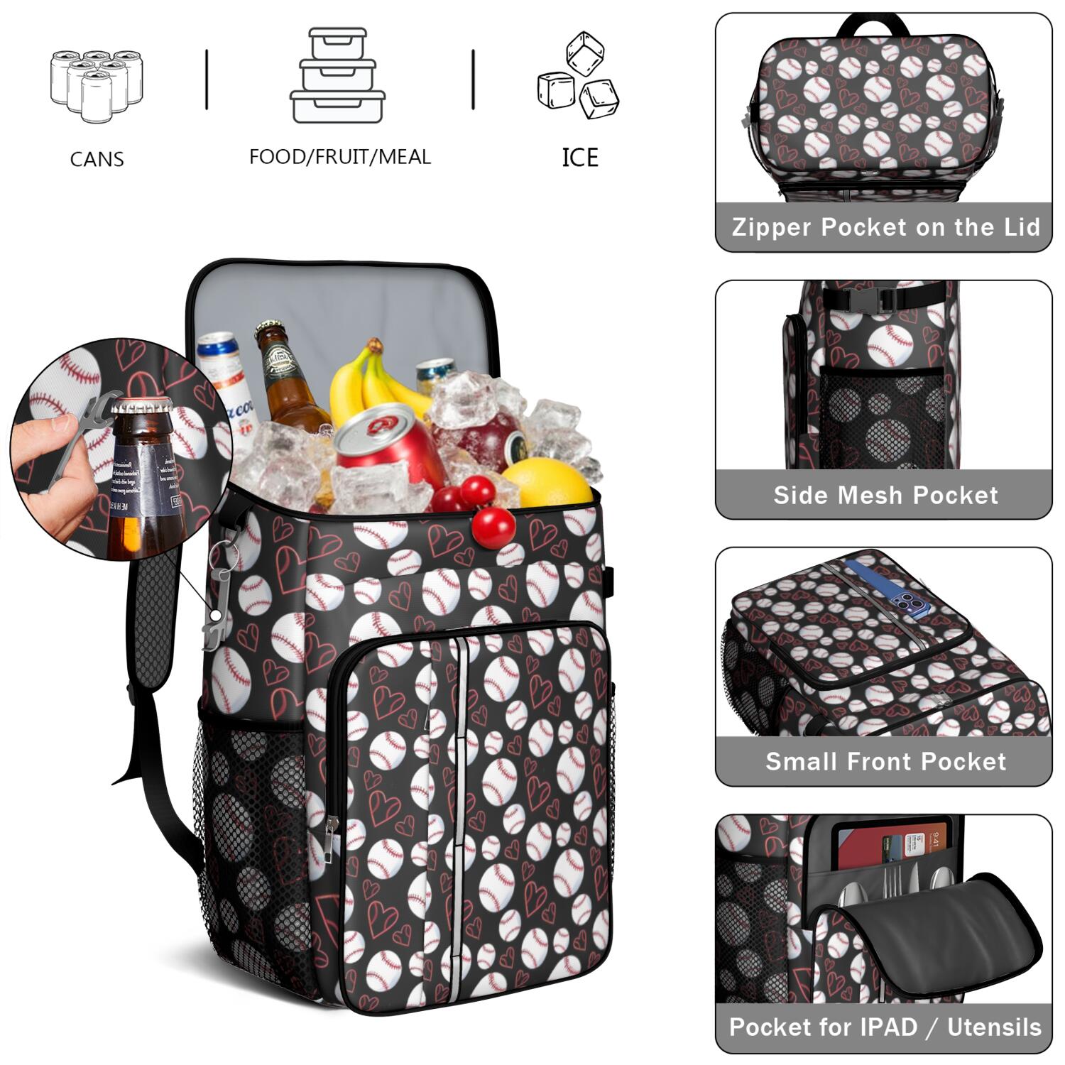 Travel Cooler Bag - Black Baseballs and Hearts Pattern Camping Beer Cooler Backpack with Bottle Opener- Waterproof Insulated Picnic Backpacks - Cooler Bag for Beach