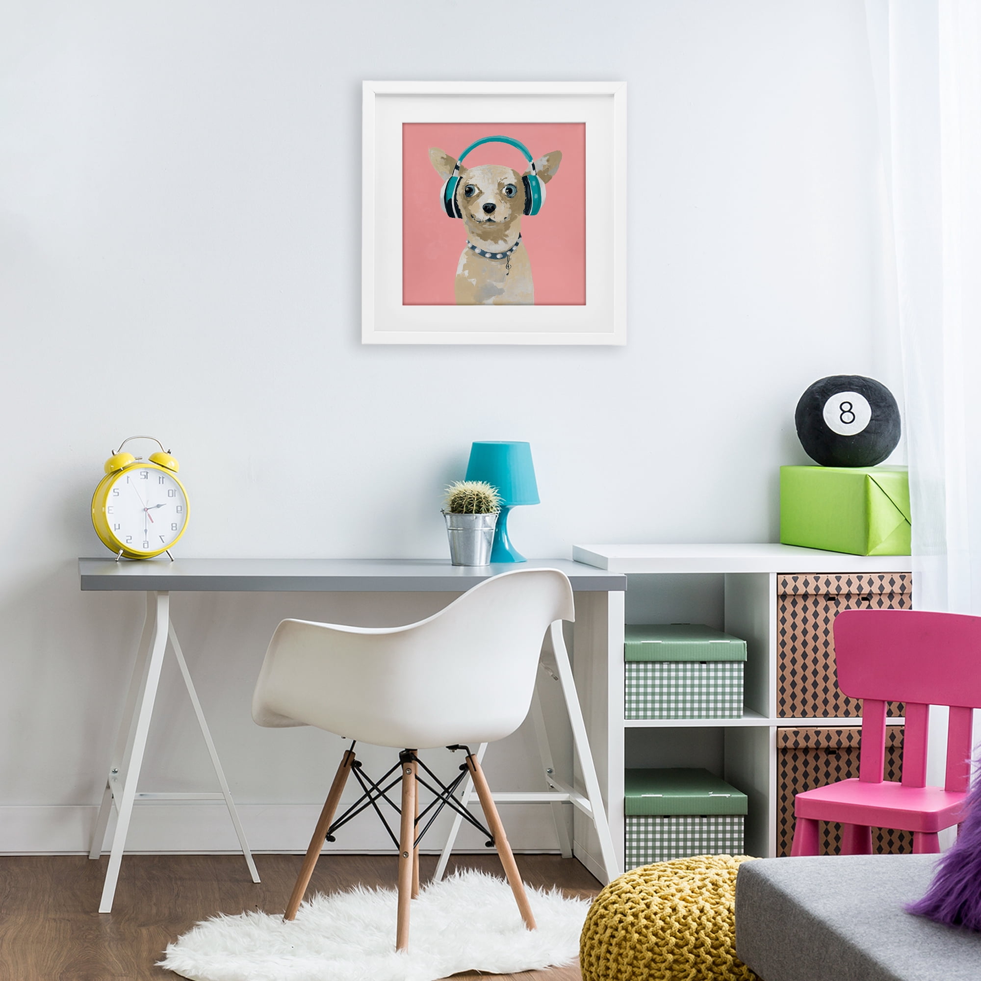 Stupell Industries Jammin' Pup on Pink White Framed Print Under Glass, design by Lorenzo Collective