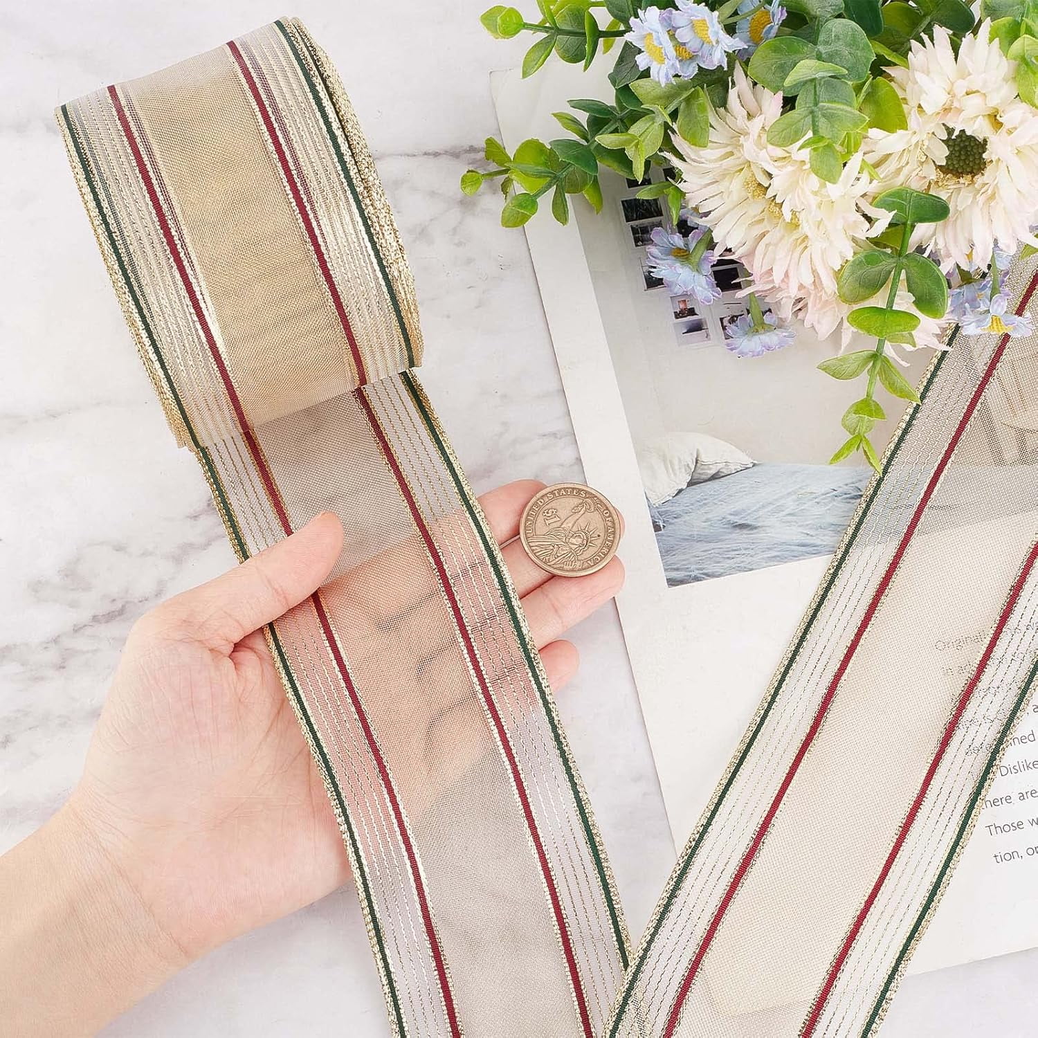 25Yds x 2-1/2 Striped Ribbons Metallic Gold Stripe Wire Edge Ribbon Christmas Overlock Fabric Wired Ribbon Cuff Red Green Gold Gauze Band Crafts Roll for Sewing Gift Wrapping DIY Wreath