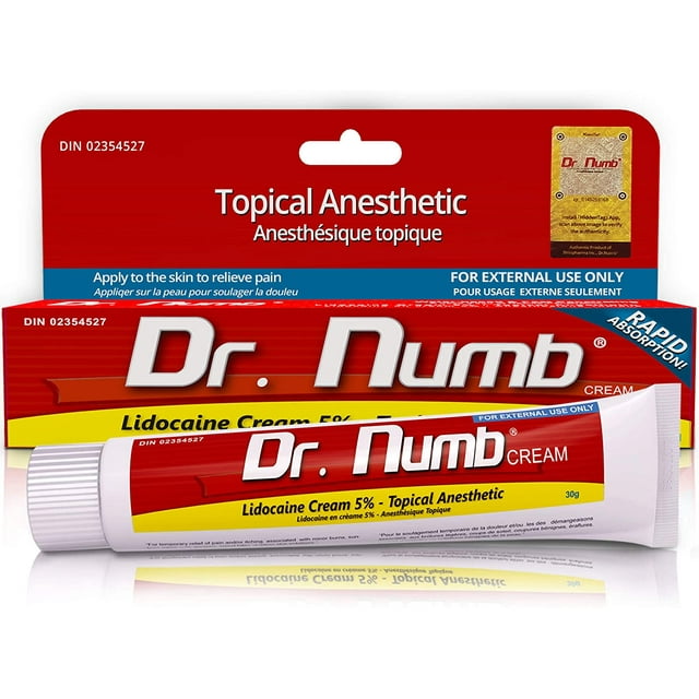 Dr. Numb Topical Anesthetic Numbing Cream for Pain Relief - 30g, containing 5% lidocaine for effective topical pain relief of itching, soreness, burning, or discomfort. The packaging emphasizes rapid absorption, hypoallergenic formulation, and bilingual labeling in English and French.