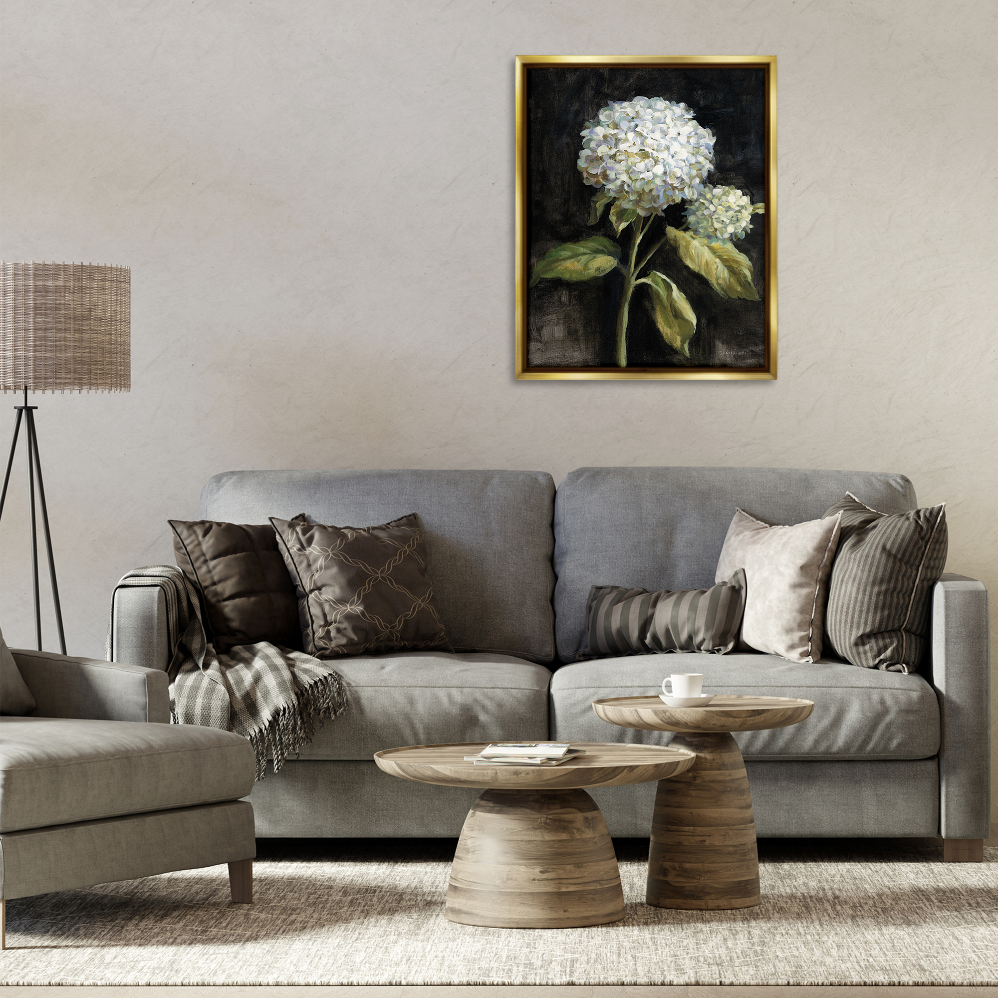 Stupell Industries Hydrangea on Black Plants & Flowers Painting Gold Floater Framed Canvas Art Print Wall Art, 25 x 31