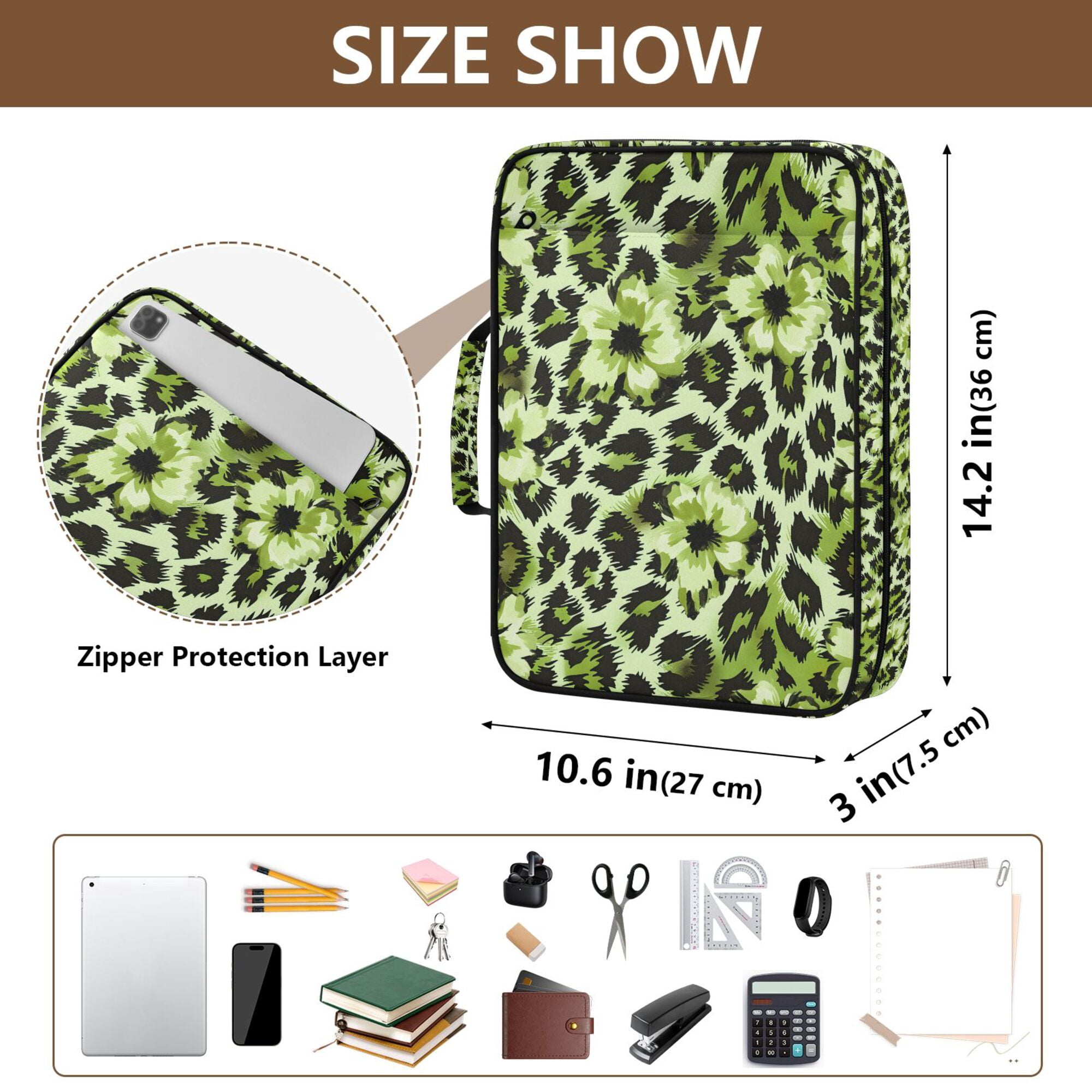 FORMRS Accordion File Folder A4 Size 7-Pocket Expanding Document Organizer Bag with 3 Ring Binder, Green Floral Leopard Pattern