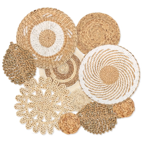 10Pcs Wall Basket Decor Woven Set, Boho Hanging Wicker Flat Wall Plates for Living Room Bedroom