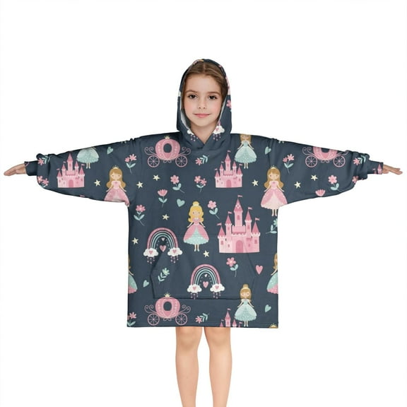 Dark Blue Princess Castle Night Pattern Blanket Hoodies for Kids 6-13YR Oversize Wearable Blanket Hoodies for Boys Girls Teens