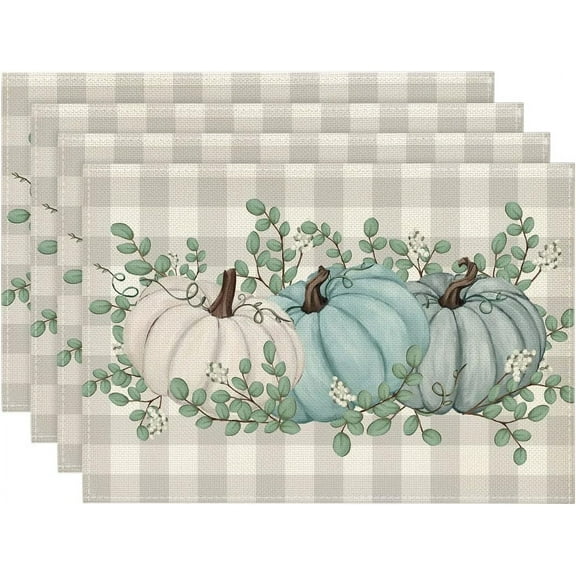Set of 4 Fall Placemats 12x18 Inch Pumpkins Autumn Thanksgiving Harvest Vintage Table Mat for Party Dining Decoration, Blue