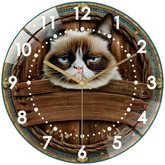 Decorative Clocks: Go Away Grumpy- Cat Coffee First Glass Wall Clock, Funny Cat Decor Wall Clock  for Homes, Bars, Offices, Man Caves, Garages, And Living Rooms .Also Makes A Great Gift. Style 12×12i