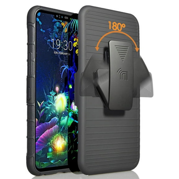 Case with Clip for LG V50, Nakedcellphone Black Rugged Ring Grip Cover   Belt Hip Holster Stand [with Built-In Mounting Plate] for LG V50 ThinQ