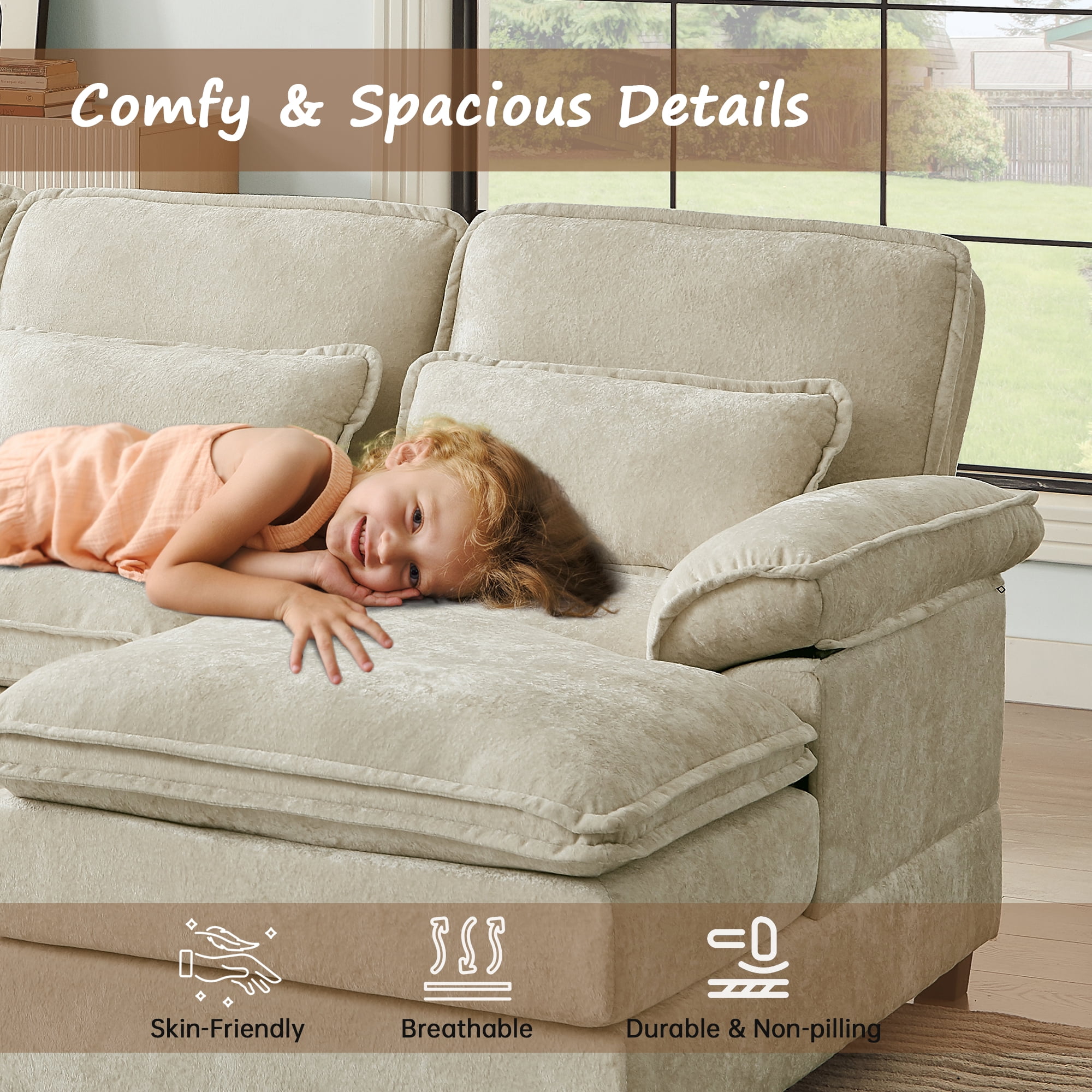 Pingliang Home Oversized Sectional Sofa U Shaped Couch 4 Seat with 4 Waist Pillows,Chenille Upholstery Symmetrical Sleeper Sofa Cloud Couch with Double Chaise Lounge for Living Room Apartment Office