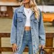 thumbnail image 3 of Chaqueta con botones para mujer, manga larga, cuello vuelto, ajuste holgado, ropa de abrigo informal con bolsillos con solapa en el pecho, azul XXL, 3 of 13