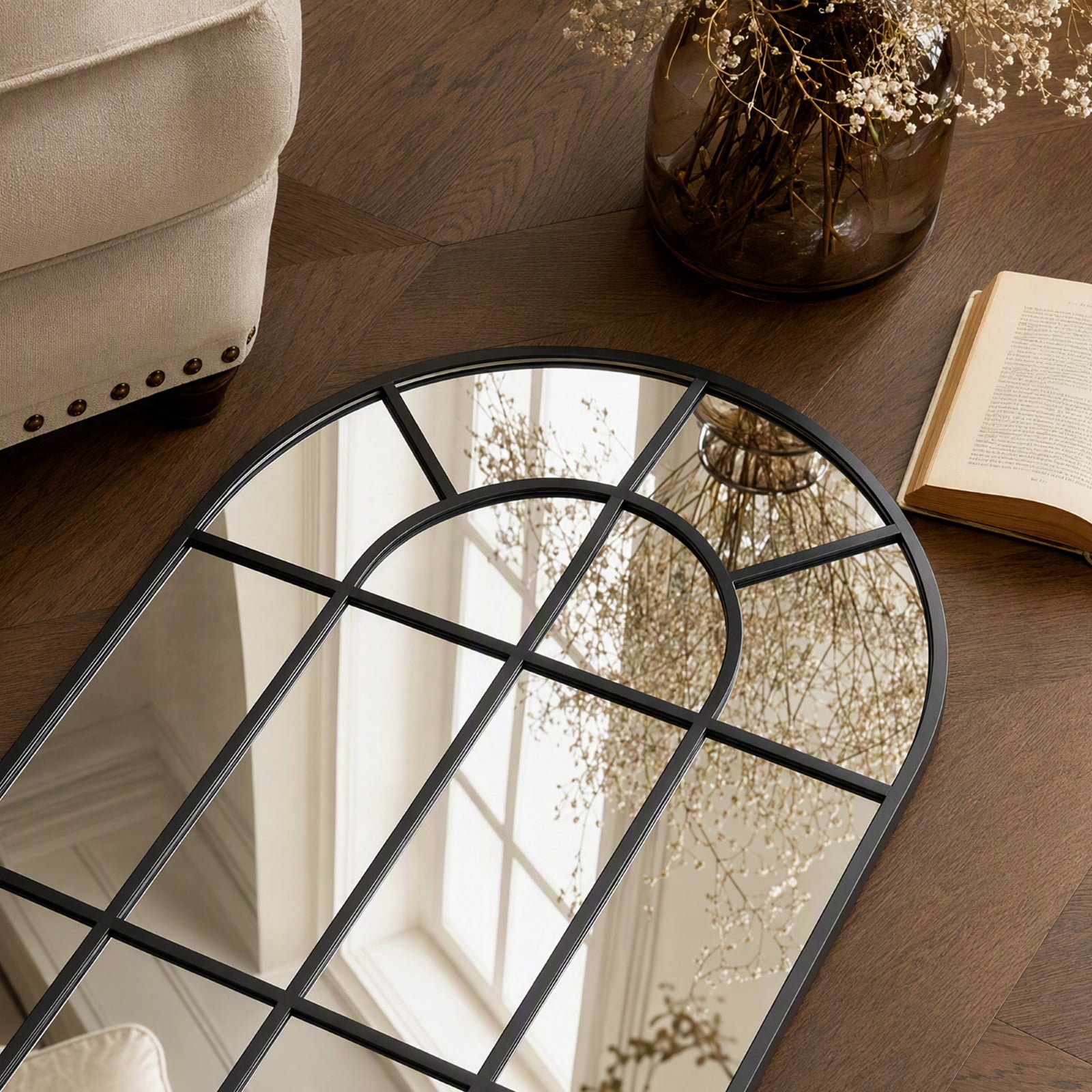 SHATTERVIEW 71"x30" Arched Full Length Mirror with Windowpane Wall-Mounted Leaning Mirror, Black
