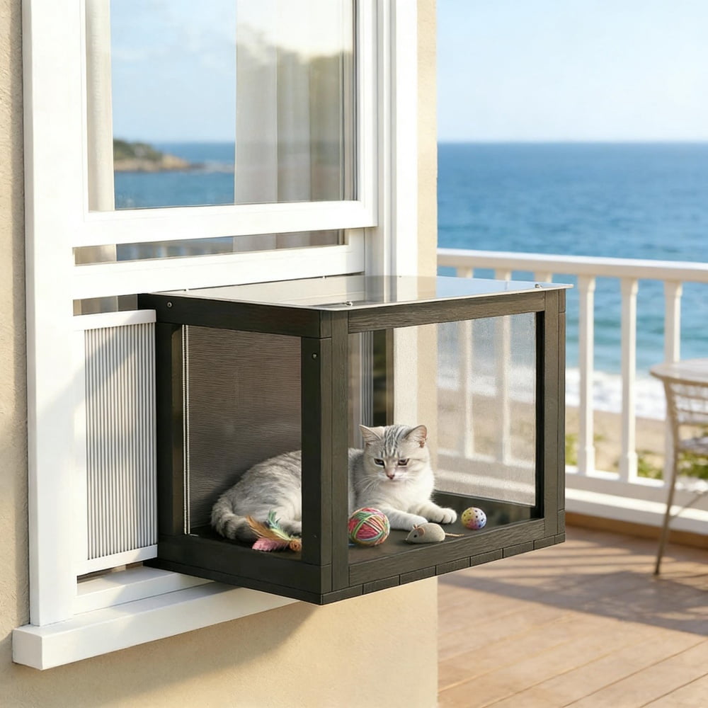 Window Mounted Catio Cat Enclosure with Transparent Acrylic Top Fir Wood Cat Window Perch Black White