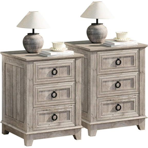 Farmhouse Night Stand Set of 2, 18" End Table with 3 Drawer Metal Handle, Dresser for Bedroom, Sofa Bed Side Table Chest of Drawers,Wood Nightstand Cabinet for Organizer, Living Room-Oak