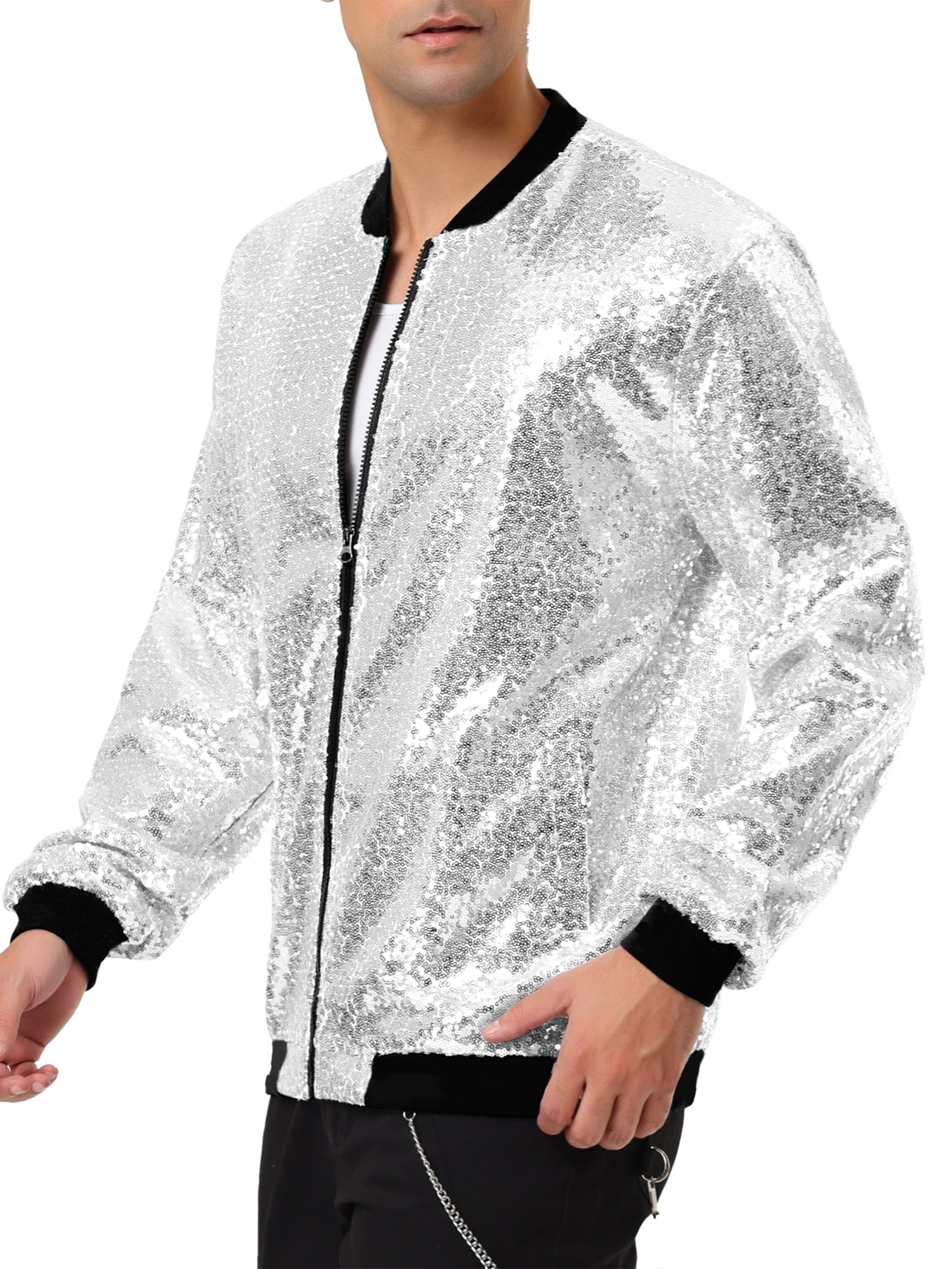 Unique Bargains Men's Long Sleeves Sequin Varsity Zipper Bomber Jacket L Silver