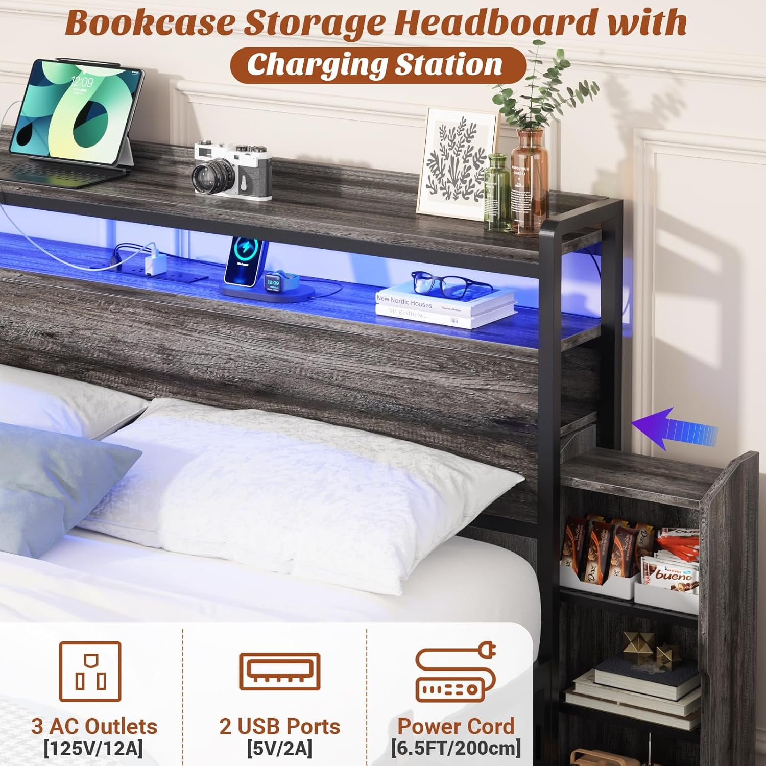 Homieasy Full Size Bed Frame with Headboard & Dual Side Slide Storage Cabinet, Full Bed with Power Outlets & LED Lights, Heavy Duty Platform Metal Bed Frame, Noise Free, Black Oak