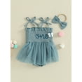 thumbnail image 3 of Bslissey Infant Baby Girls Summer Sleeveless Romper Dress Letter Tie Up Strap Tulle Patchwork Pleated Bodysuit with Headband Newborn Sweet Birthday Outfit 3M 6M 9M 12M 18M, 3 of 9