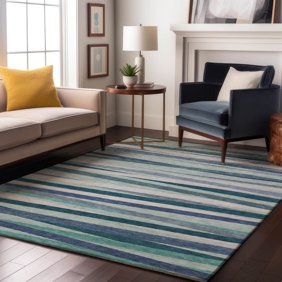 Addison Rugs Mayfield Premium Machine Washable Transitional Stripes Teal Rectangle Rug, 5' x 7'6"