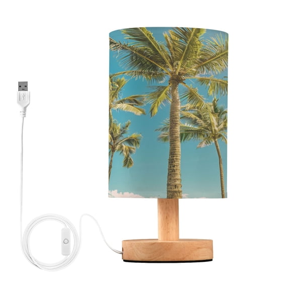 Palm Tree Summer Blue Sky Bedside Table Lamp Desk Warm Lights with USB Charging Port Cylinder LED Lamps for Bedroom Living Room Office