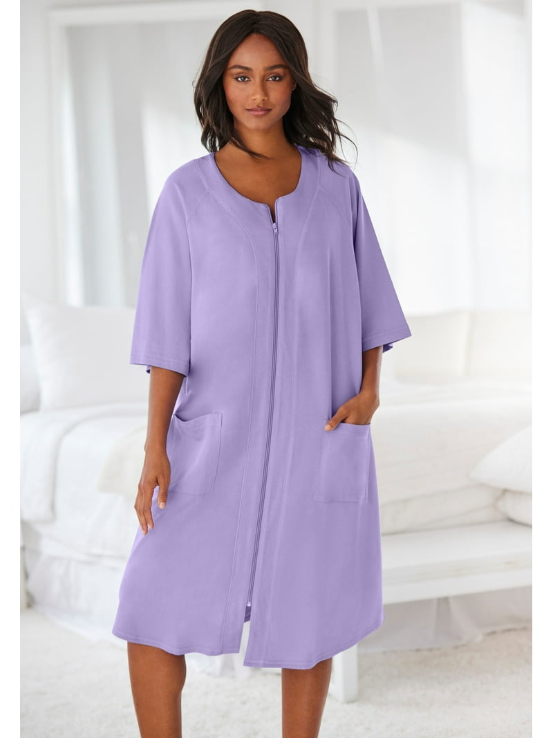 Dreams Women's Plus Size Short French Terry Zip-Front Robe