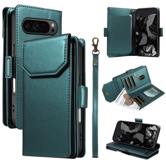 Compatible with Google Pixel 9A Case Wallet with Strap RFID Blocking Card Holder, Multifunctional Wallet Purse Handbag Premium PU Leather Magnetic Flip Kickstand Phone Case,Green