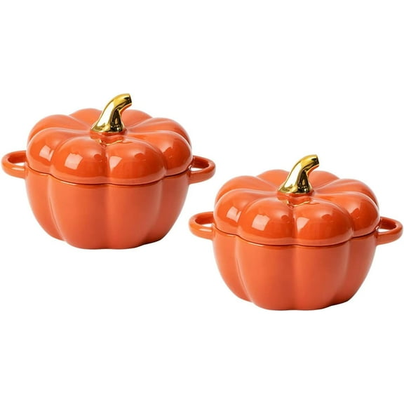 Pumpkin Bowl Set with Lid and Handle, Set of 2 Ceramic Ramekins for Baking, Casserole Dish Individual Severing Pot, Stoneware, Oven Safe, 14 Oz (Orange)