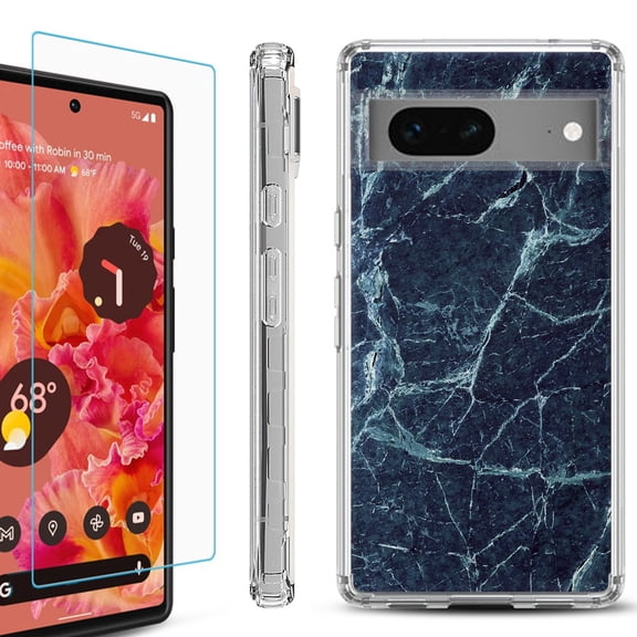 Shockproof Bumper Phone Case for Google Pixel 7, with Tempered Glass Screen Protector, by OneToughShield ® - Marble / Blue