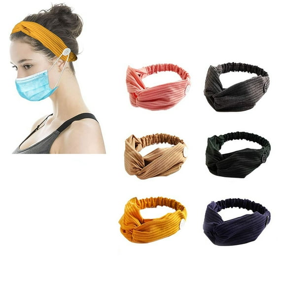GIXUSIL 6Pcs Headband with Buttons for Face Mask, Headbands for Women Knotted Boho Stretchy Hair Bands, Lightweight Elastic Exercise Headband for Nurses Doctors and Women for Protect Your Ears