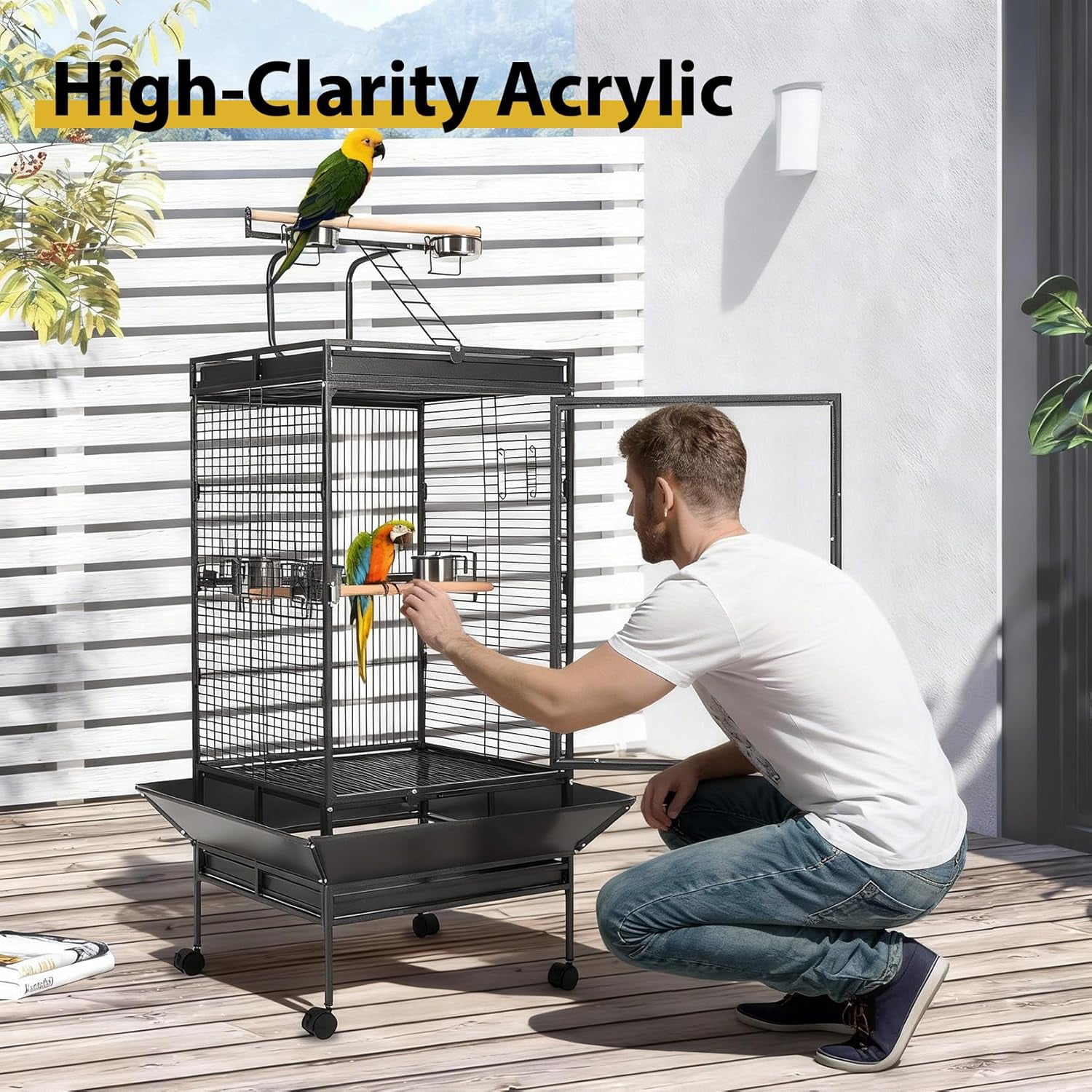 QinaQin Large Bird Cage with Play Top,Rolling Stand & Bowls,Metal Parrot Aviary,Indoor/Outdoor Use,Porch,Yard,Black