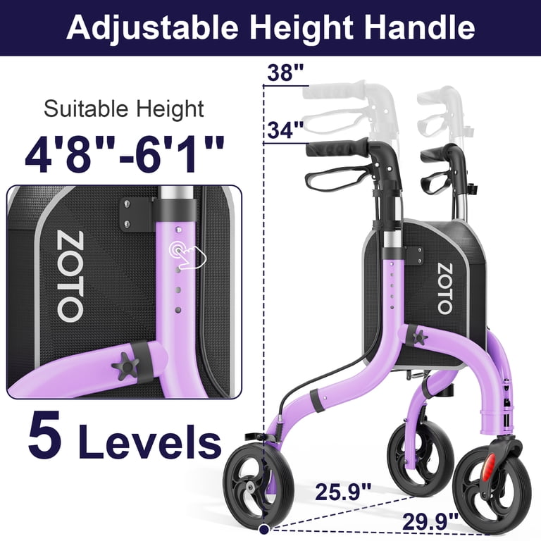ZOTO Lightweight 3-Wheel Walker for Seniors, Foldable Rollator