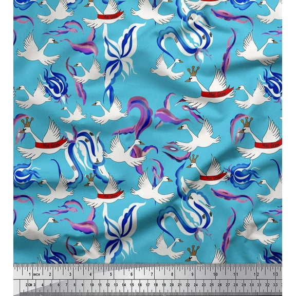 Soimoi Cotton Duck Fabric Floral & Flying Swan Bird Fabric Prints by Yard 42 Inch Wide