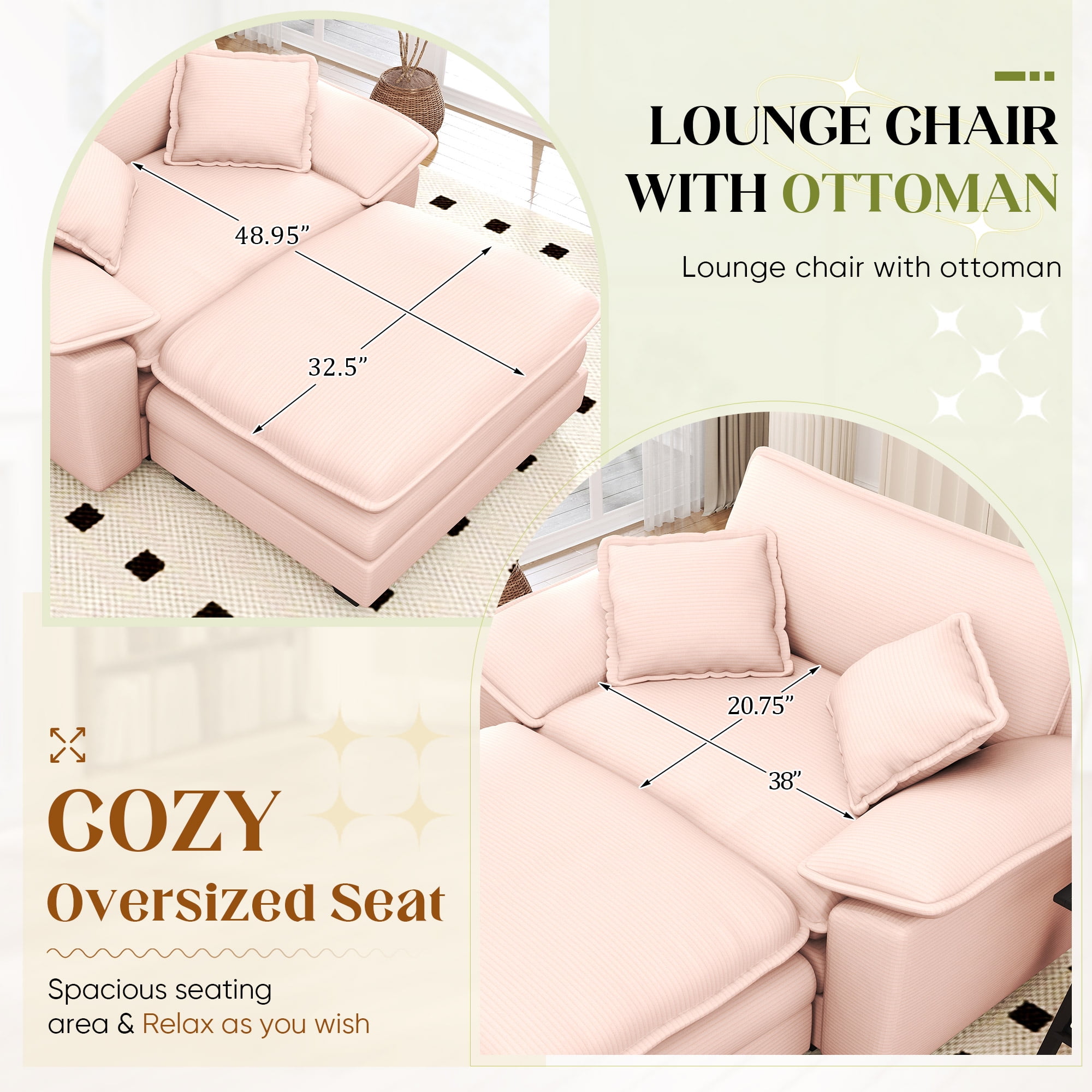 Lunale Oversized Lounge Chair & Ottoman Set - 48" Cloud Corduroy Accent Armchair for Modern Living/Bedroom, Pink Corduroy
