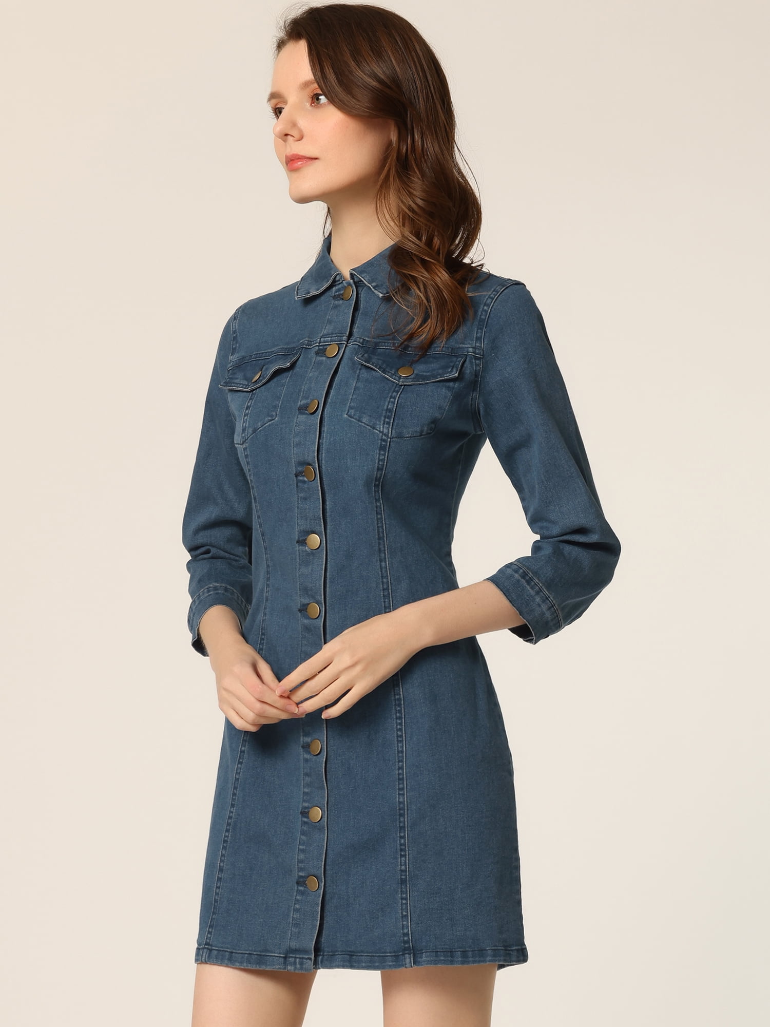 DARING DIVA 3/4 Sleeve Button Down Denim Shirt Dress XL Blue