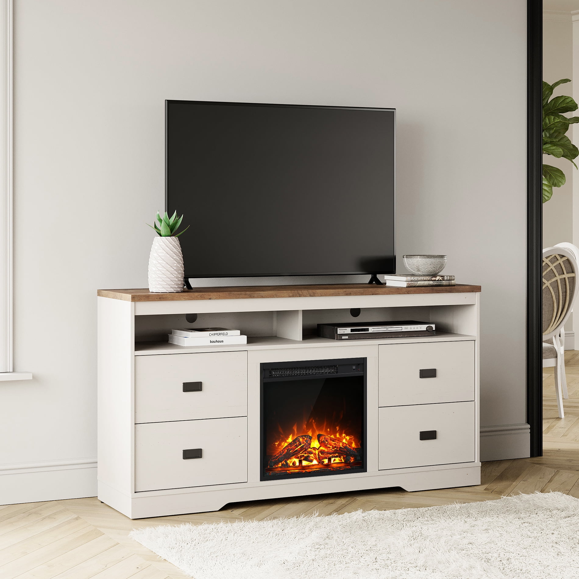Highboy Electric Fireplace TV Stand Entertainment Center for TVs up to 65", White