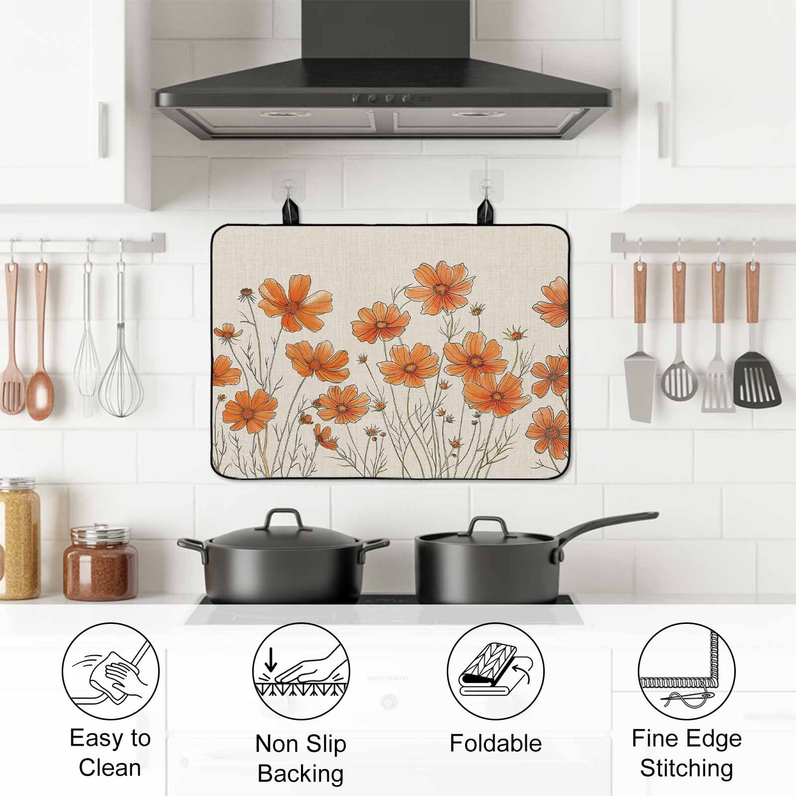 Orange Spring Floral Stove Top Cover for Electric Stove, Heat-proof & Non Slip Glass Top Stove Cover Protector, Summer Botanical Rustic Daisy Kitchen Flat Cooktop Rubber Mat 28.5x20.5 Inches