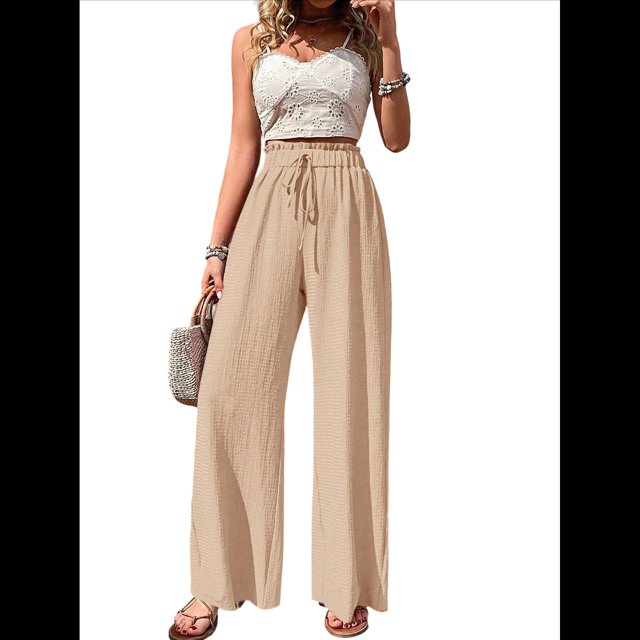 Pantalones de Salón de Pierna para Mujer, Cintura Alta, Ajustables, con Nudo de Lazo, Holgados. Albaricoque M
