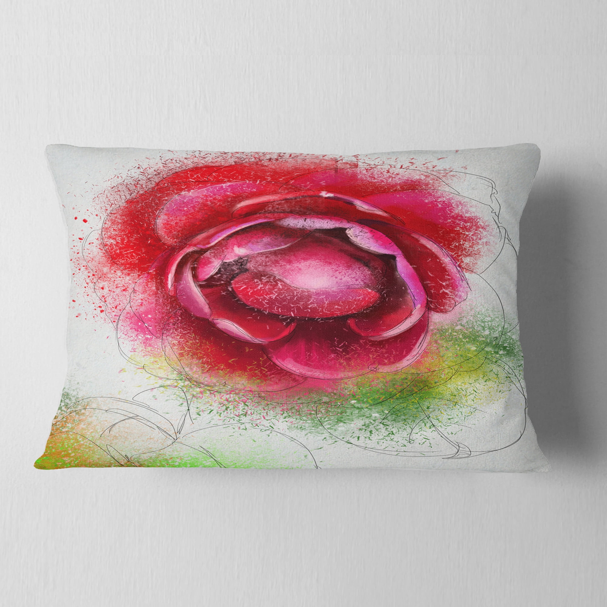 Designart Large Blooming Red Rose on White - Flowers Throw Pillowwork - 12x20