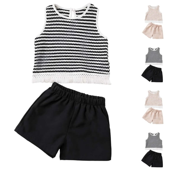 Babcutegg Girls Summer Outfit Set – Solid Color Short Sleeve Round Neck Blouse with Striped Fringe Vest & Black Shorts for Toddlers and Kids Khaki Size 7-8