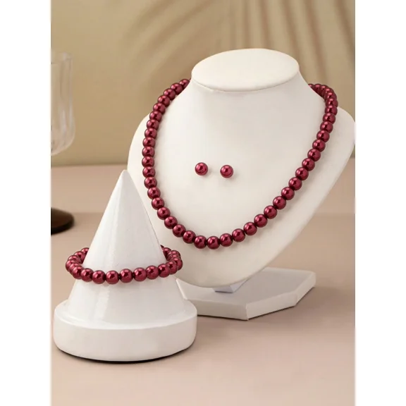 Burgundy Faux Pearl Jewelry Set: Necklace, Bracelet, Earrings