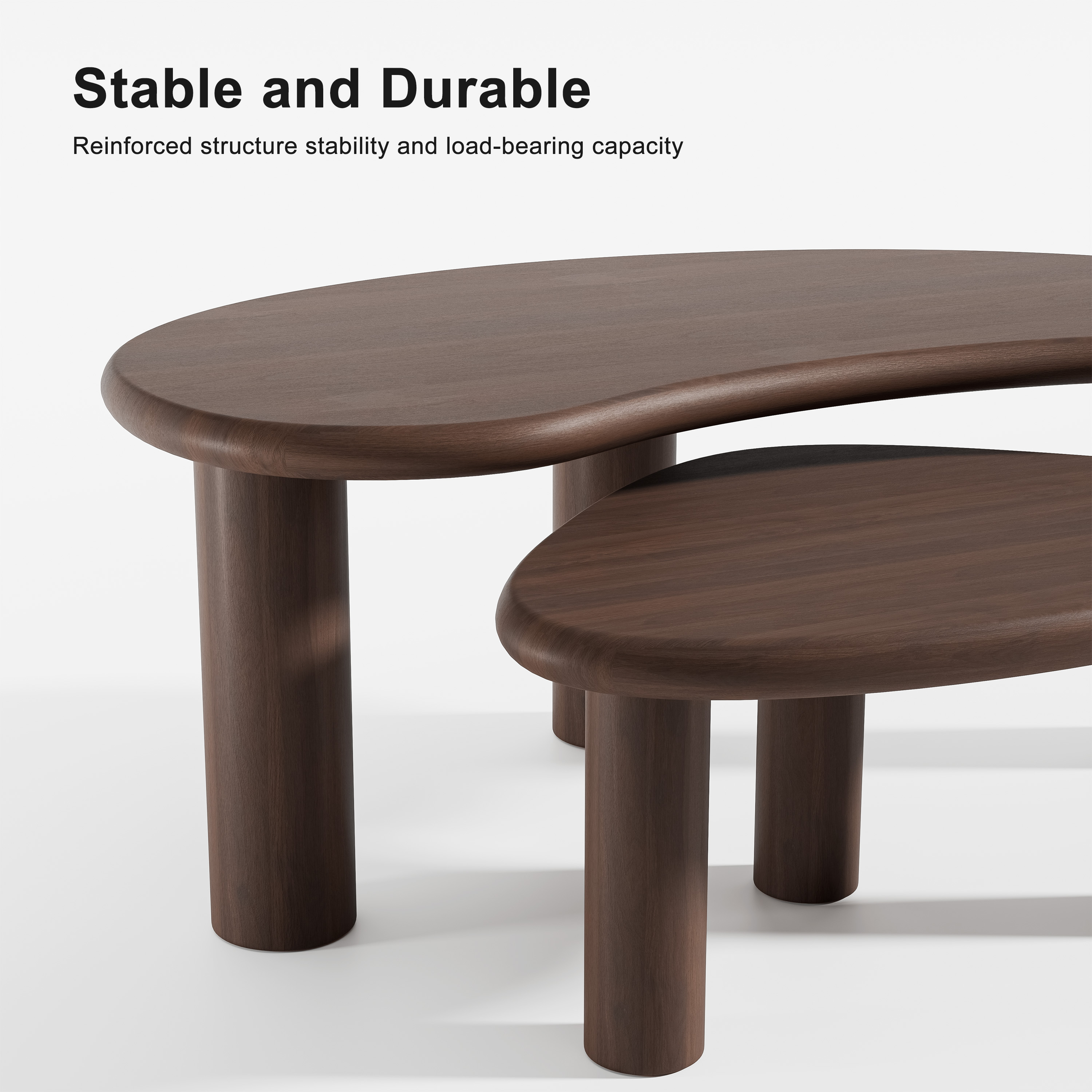 MAYEERTY 48" Cashew - Shaped Coffee Table Set, Modern Solid Wood Irregular Side Table for Living Room, Walnut