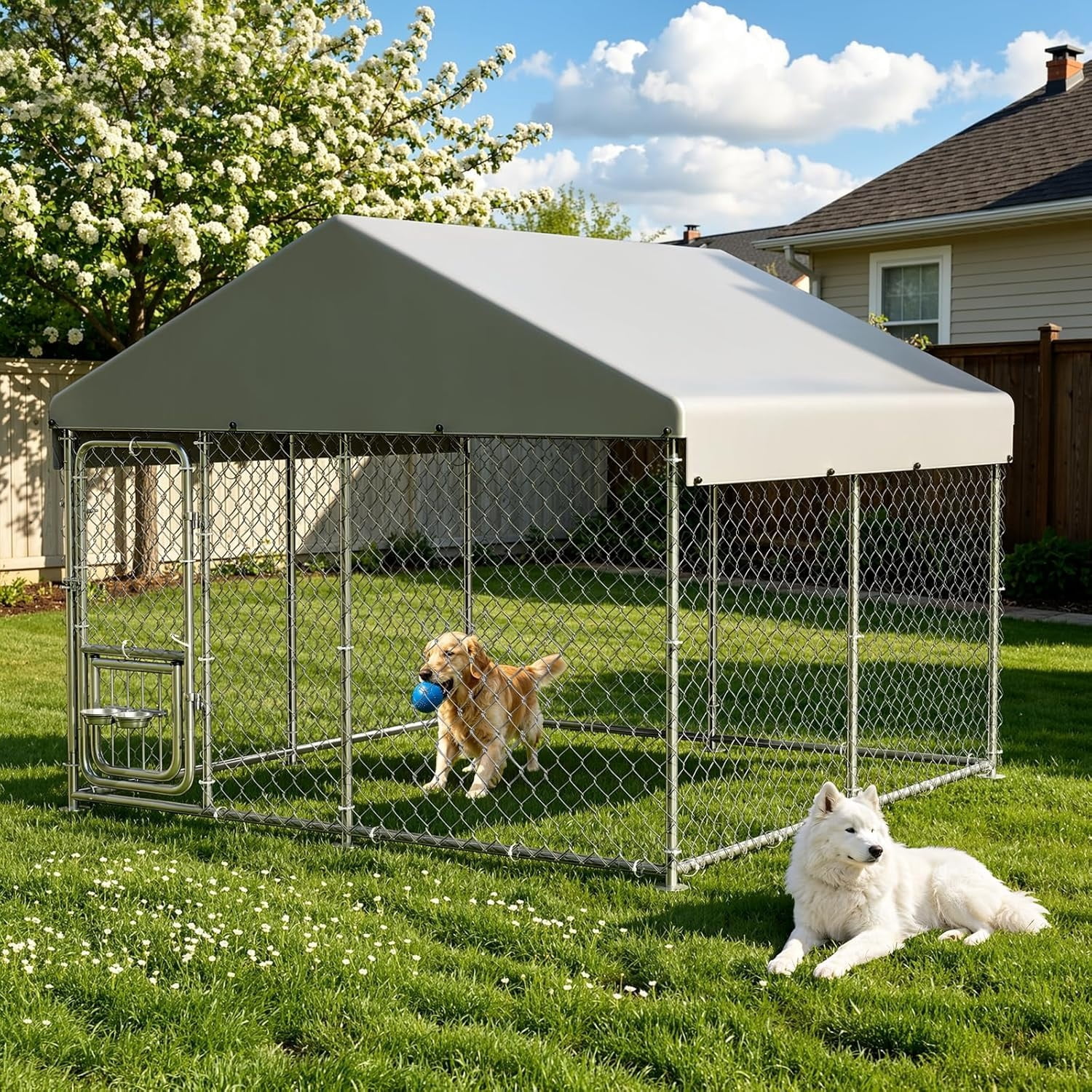 7.5×7.5×6.6 FT Home Large Metal Outdoor Dog Kennel, Metal Wire Dog Enclosure with Waterproof Roof & Adjustable Bowls Feeder for Backyard Farm